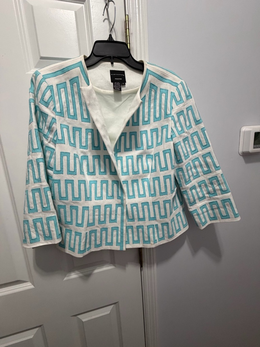 White and Teal Pattern linen cotton blend Jacket size 16 - Picture 2 of 8
